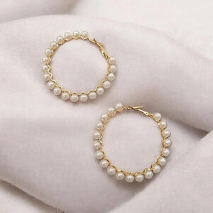 Gold Plated Faux Pearl Large Size Hoop Earrings